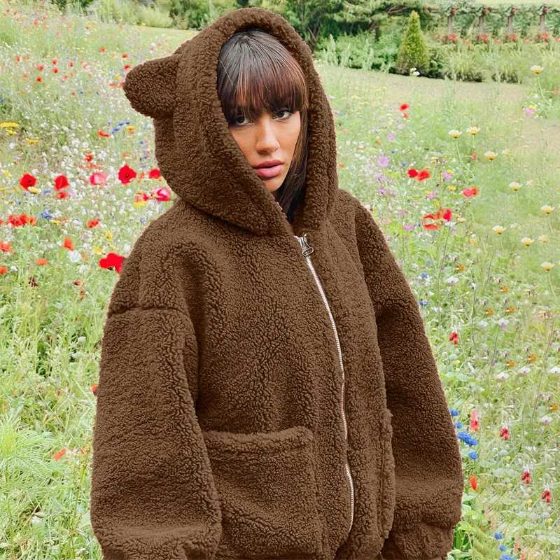 Куртка Lugentolo Женская плюшевая милая коричневая теплая куртка с капюшоном на