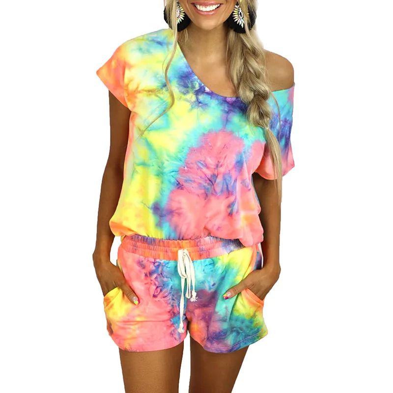 

2-piece T-shirt Pants Tie-dye Printing Short-sleeved Round Neck Casual Home Service Suit Women O-Neck Pullover