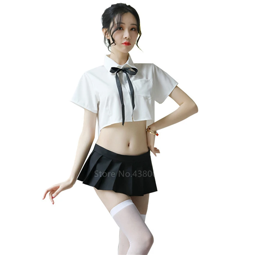

Japanese School Uniform for Women Sexy White Mini Bow Shirt Blouse Pleated Skirt Set JK Schoolgirl Hot Party Perspective Costume