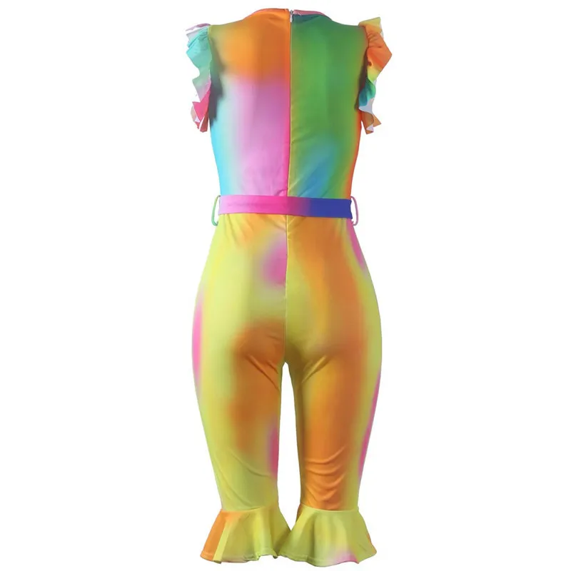 

Jumpsuit Women Fashion Painted Print Bohemia Ruffled Mid-Rise Playsuits Short Sleeve Overalls Casual O-Neck Female Summer S14