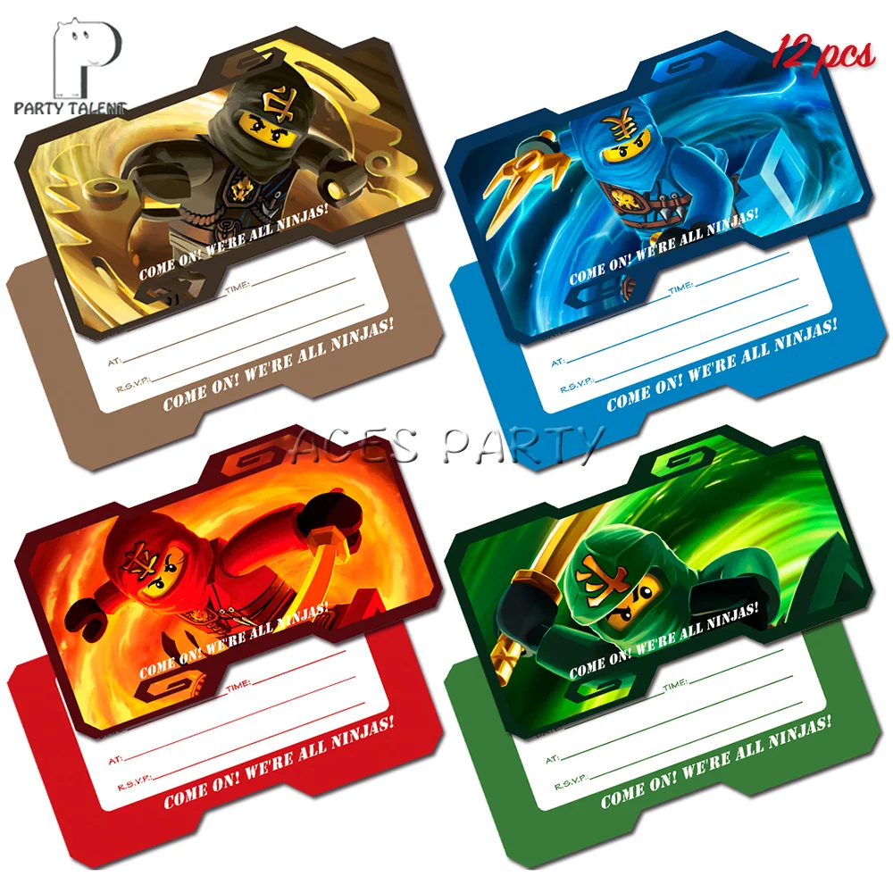 12pcs invitationcard Мальчики Дети Ninjagoing тема посуда для вечеринки в честь Дня Рождения шар конфеты коробка флаг тарелка чашка соломы кисточкой вечерние принадлежности - Цвет: 12pcs invitationcard