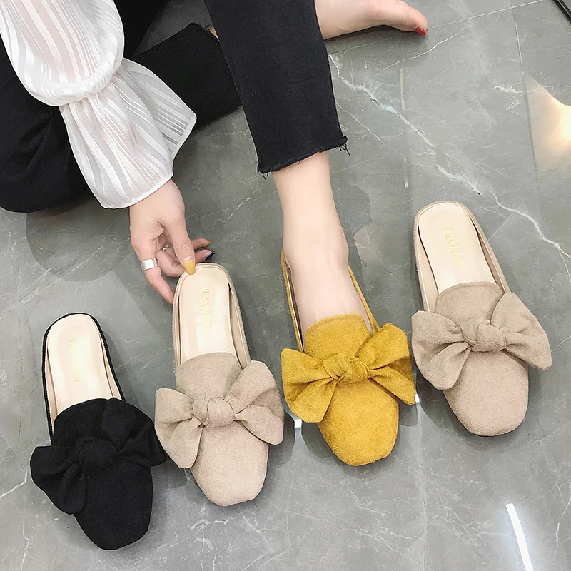 Сезон весна лето женские шлепанцы с закрытым носком лоферы большим бантом