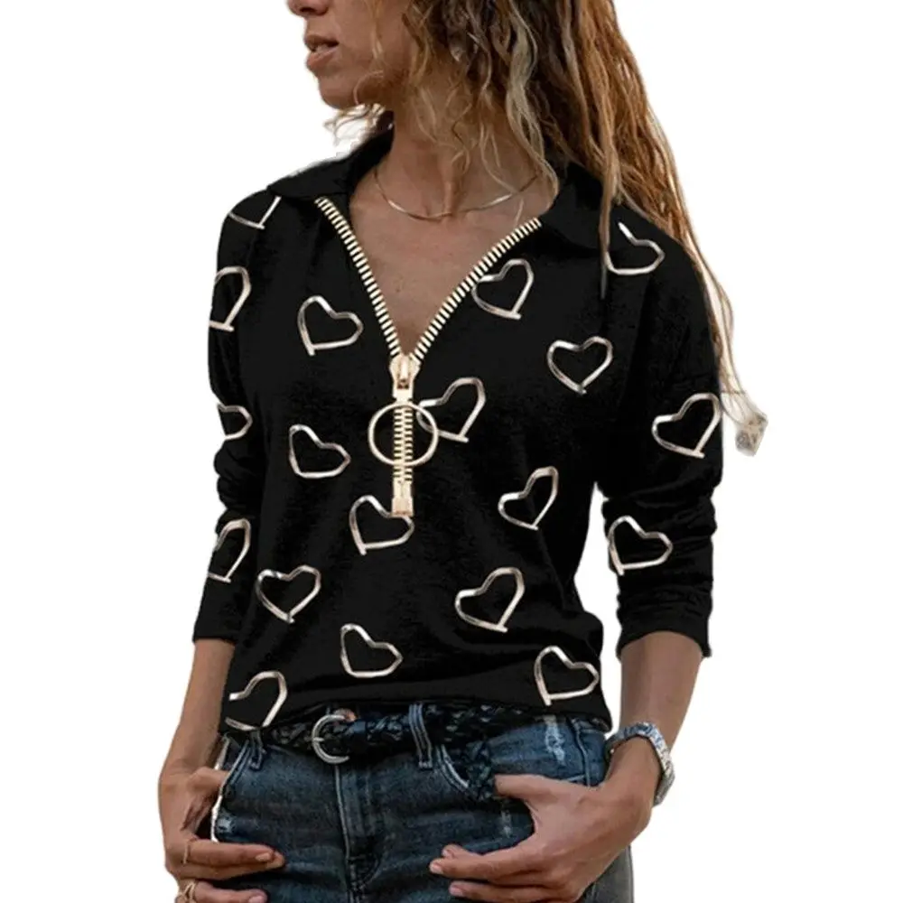 Женская футболка на молнии с принтом сердечек повседневный Свободный пуловер