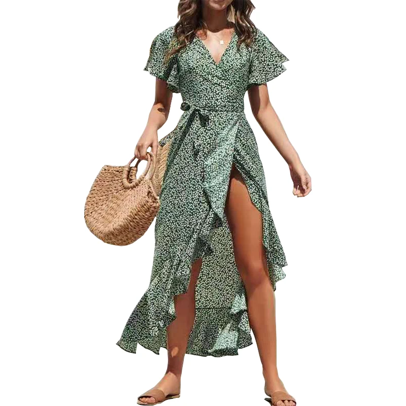 

Fashionable sexy V-neck irregular large size high waist belted chiffon print dress women irregular skirtbroken lotusleaf sleeves