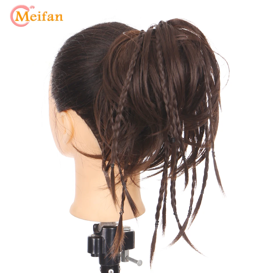 MEIFAN Synthetic Messy Braid Chignon Rubber Band Hair Rope Natural Fake Hair Bun Curly Scrunchie Clip in Hair Tails Extensions