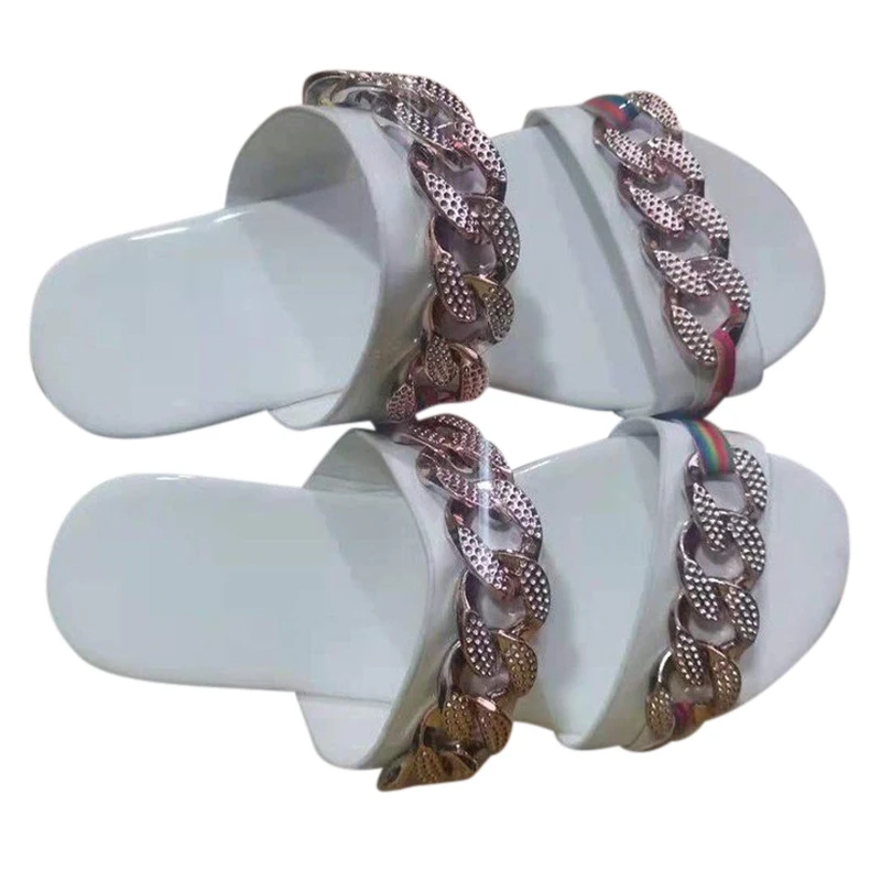 

2021 Casual Fashion New Summer Female Flat Slippers Chain Decoration Square Toe Sandals Woman Beach Lightweight Ladies Shoes