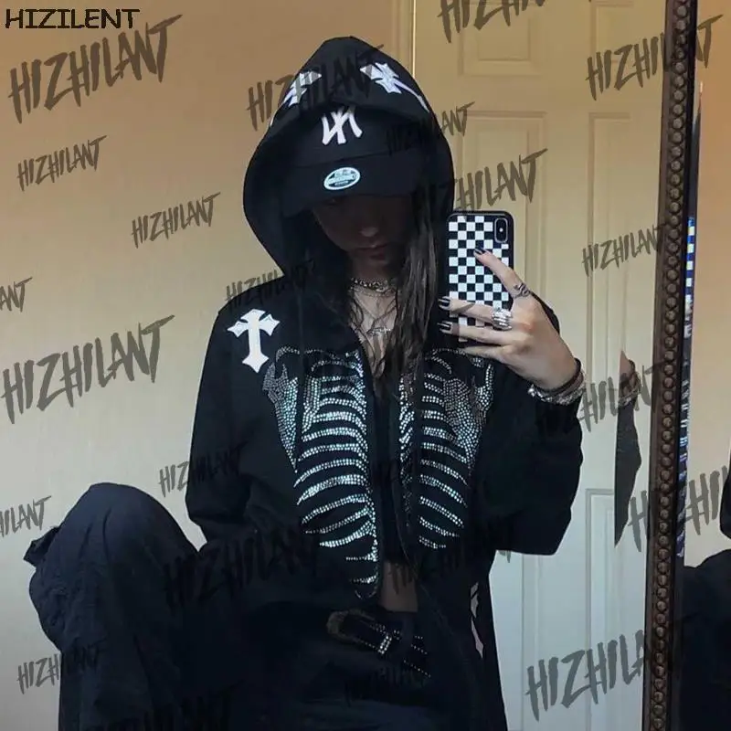 

Rhinestone Skeleton cross Print Oversized Hoodies Female Zip Up Long Sleeve Women's Sweatshirt Y2K Autumn Winter Grunge clothing