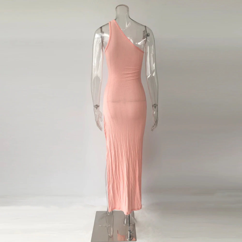 

KGFIGU Vacation Snug Bodycon Vestidos Pink Hot Sale One Shoulder Split Summer Ribbed Dress Women Slim Fitness Sexy Maxi Clothes