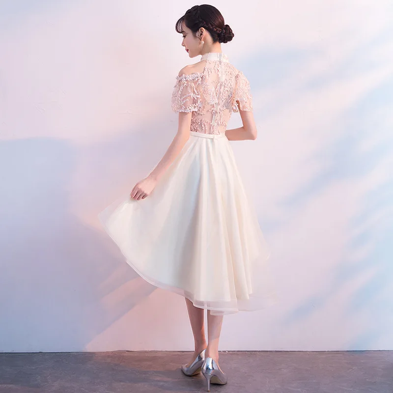 Cheongsam платья Очаровательные цвета шампанского с короткими Свадебная вечеринка