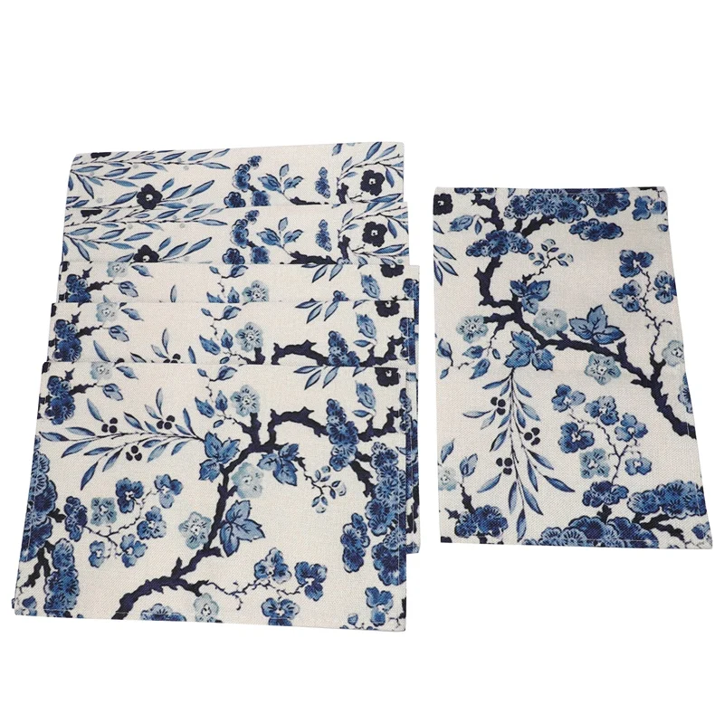 

6 Pcs Blue White Flowers Placemat Coasters Cup Dish Glass Table Mat Insulation Pad Kitchen Accessories Decoration