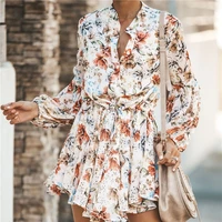 women ruffles floral printed lace up waist dress 2021 autumn lantern sleeve pleated asymmetrical buttons sundress short dress