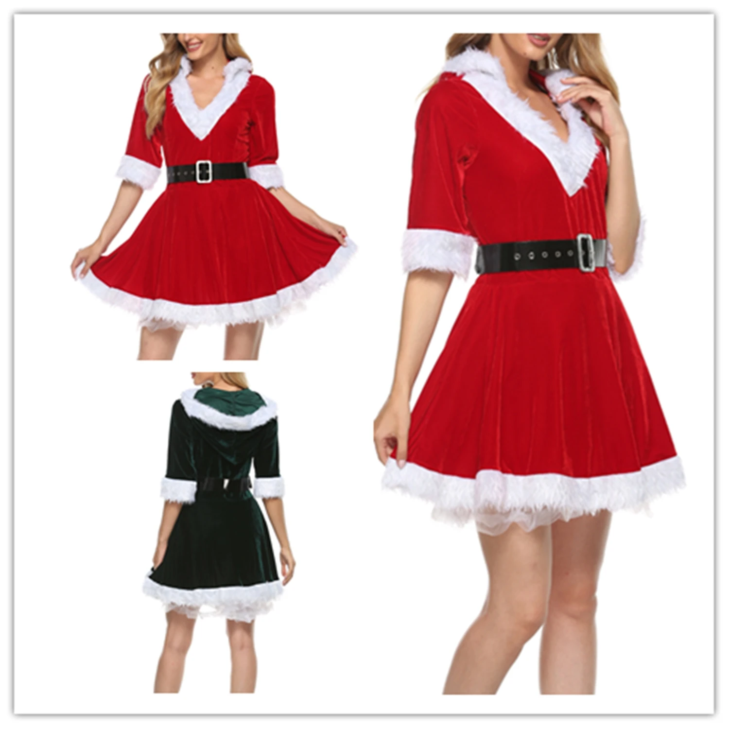 

MY Women Sexy Nightwear, Christmas Dress, Long Sleeve V-Neck Plush Decoration Layered Mash Hem Lingerie