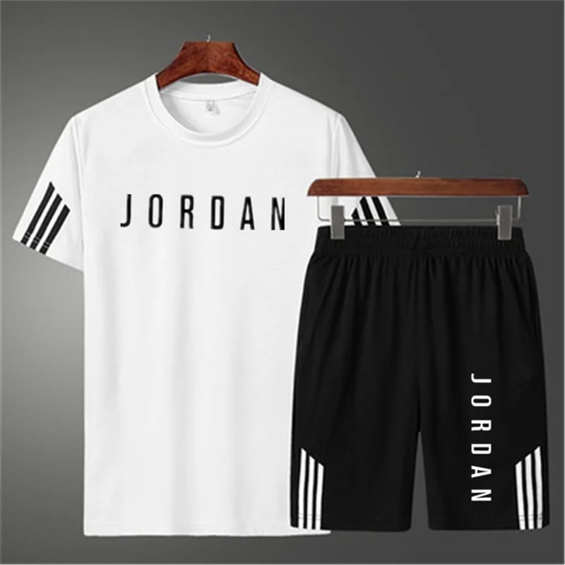 

Summer men's color matching striped T-shirt set 2-piece men's sportswear suit basketball sports fitness letter printing suit
