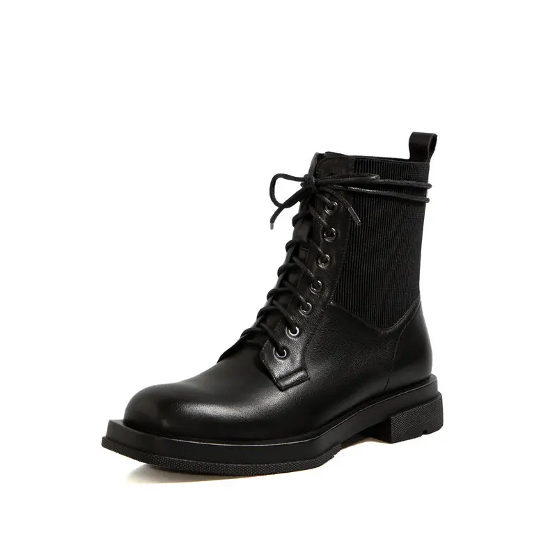 

Genuine Leather patchwork Thick low Heels Boots Cross Tied Ankle Boots 2020 Newest square toe motorcycle Shoes Woman