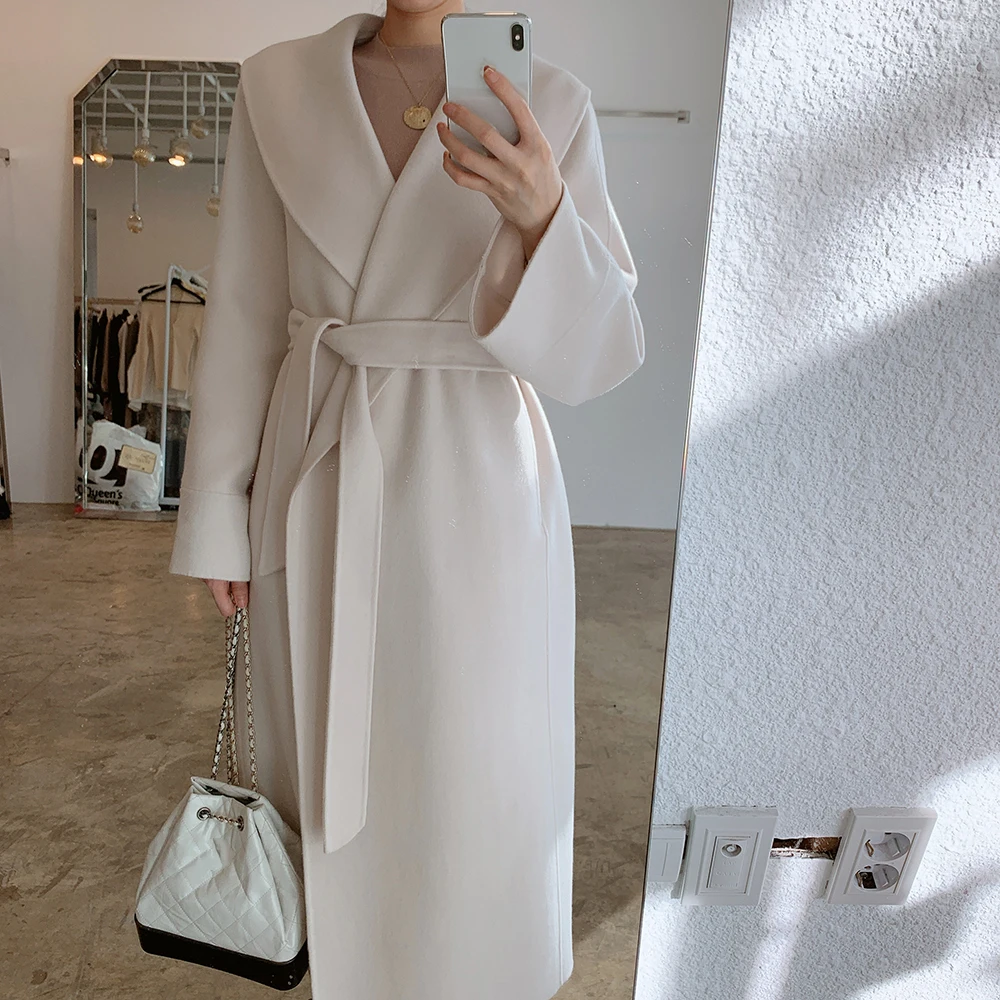 

Women Winter Elegant Beige Long Wool Coat Jacket Turn-down Collar Slim Waist Woolen Overcoat Waistbelt Outerwear Cardigan
