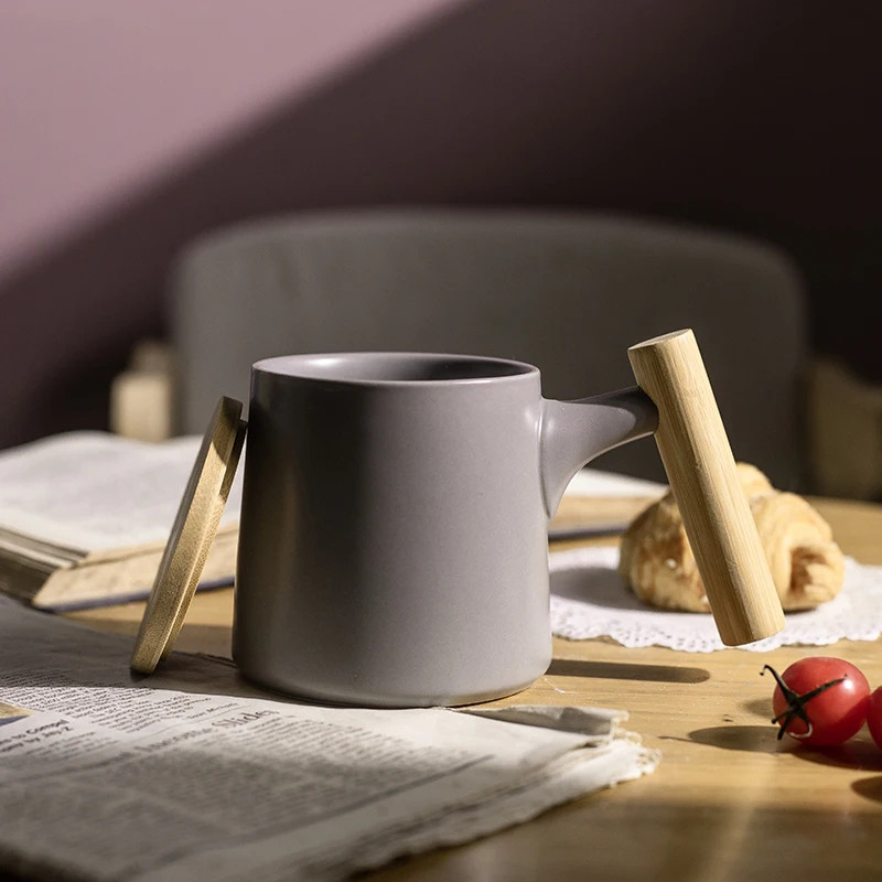 

Ceramic Mugs With Wooden Handle Matte Gray Yellow 350ml Coffee Tea Cup