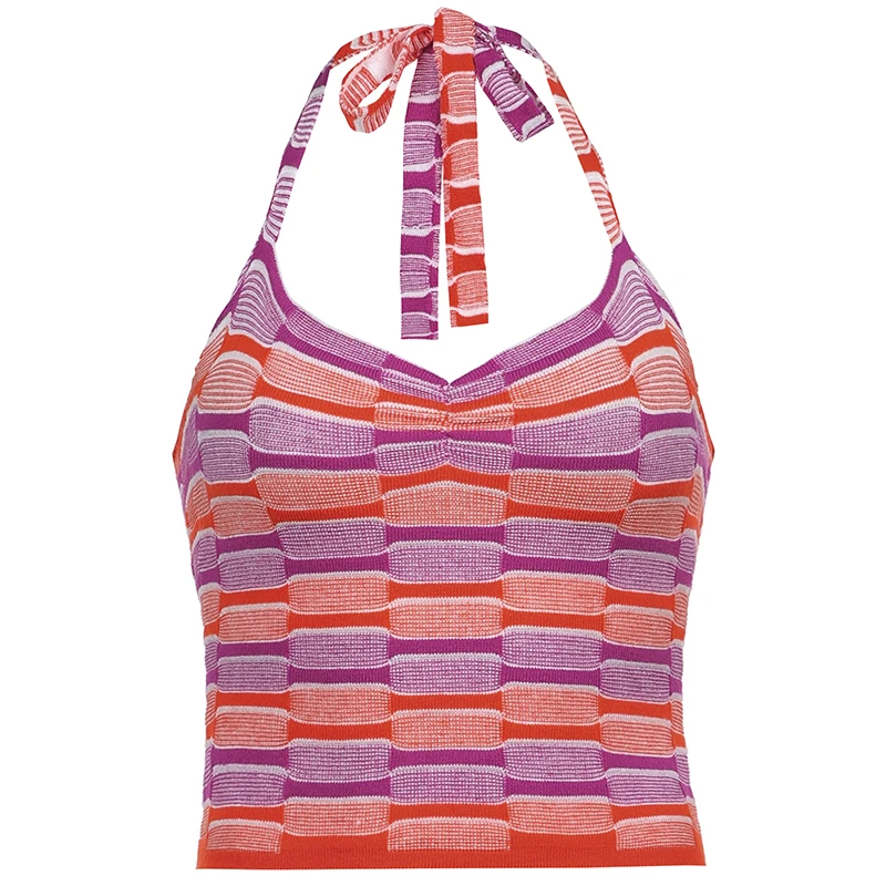 

Patched Knitted Y2k Halter Crop Tops For Girls Bandage Sexy Women Corset 2021Summer Backless V Neck Party Shirt Tee Beachwear