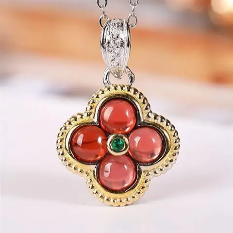 

Clover Natural Ruby New Style S925 Sterling Silver Gold Plated Garnet Pendant Women's Elegant Ring Set