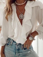 2022 spring summer chic women v neck ruffles button design long sleeve top ladies casual fashion shirts 4 style