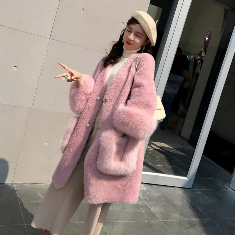 Winter Faux Fur Coat Woman 2019 Fashion V-neck Long Sleeve Sheep Shearing Cardigan Jacket Winter Warm Lamb Long Outwear W1376
