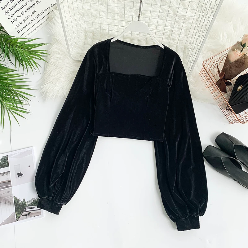 Новый укороченный топ Женская бархатная футболка с квадратным воротником и