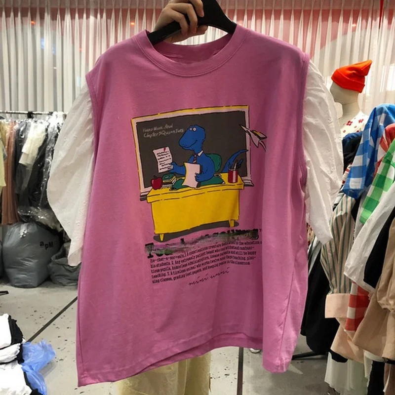 

Korean Fashion Puff Sleeve Woman Tshirts 2021 Casual Loose Cartoon Tshirt Summer Simple O-Neck Short Sleeve Ropa Mujer