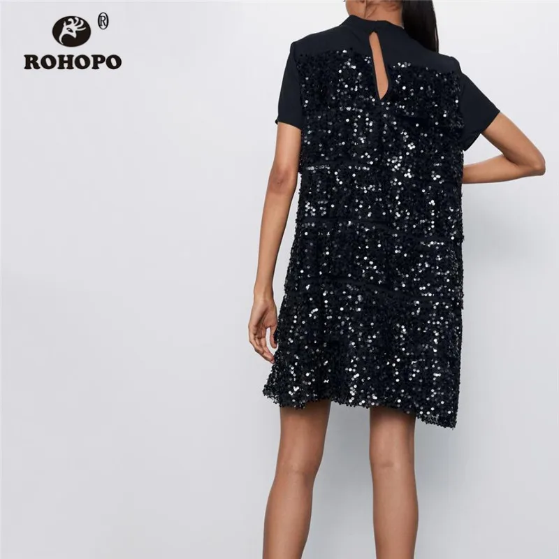 ROHOPO Short Sleeve Black Sequined Mini Dress Cascading Ruffles Splice Mesh Ladies Shiny Party Vestido #9442 | Женская одежда