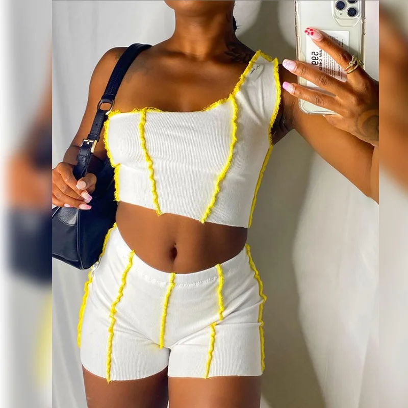 

Adora Casual Women Sets 2 Pieces Party Clubwear Suits Suture Design One-shoulder Crop Tops + Shorts Ribbed Slim Outfits