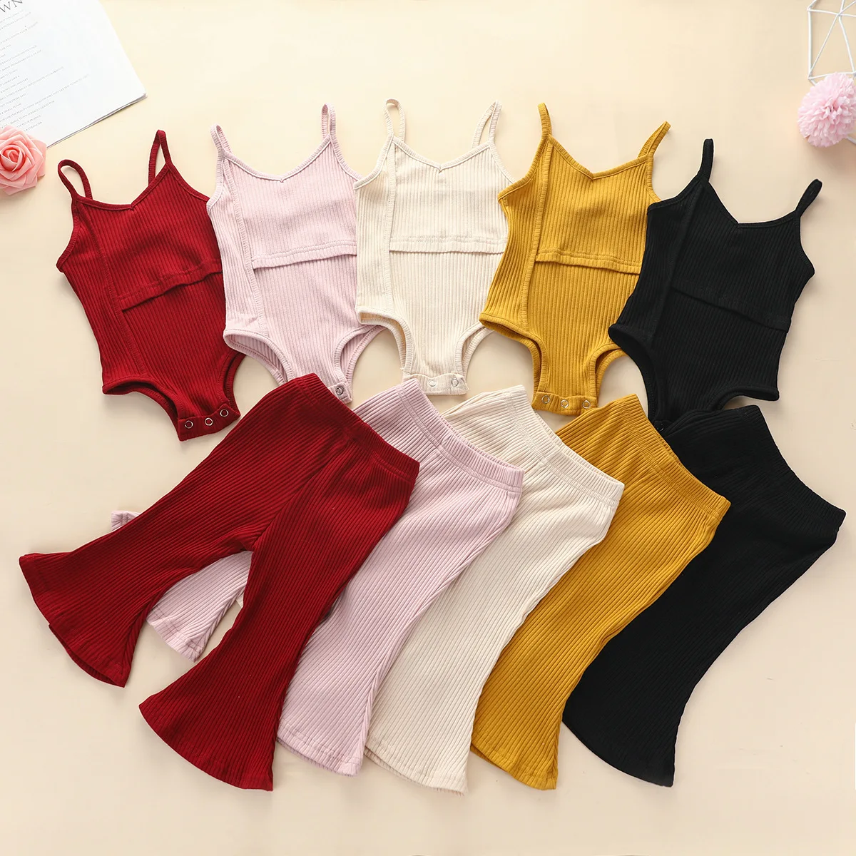 

Baby Girls Clothes Suit New Spring Summer Kids Girl Strap Rompers +Flares Pants 2ps Clothing Sets Children Outfits ClothesSets