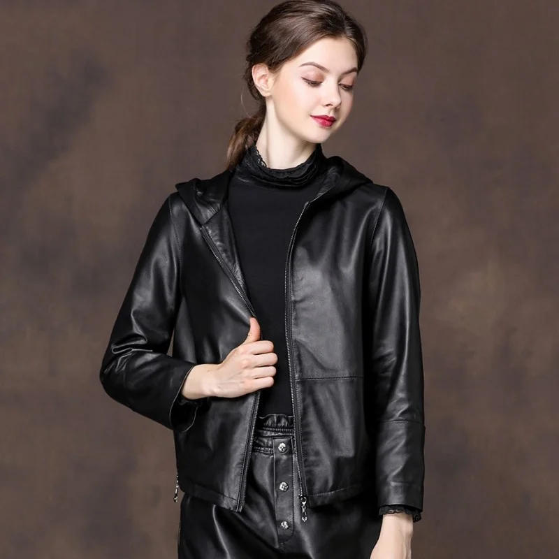 

Новинка 2022, женские пальто из натуральной кожи с капюшоном, осенне-зимние толстые теплые куртки из 100% овечьей кожи, модная повседневная одеж...