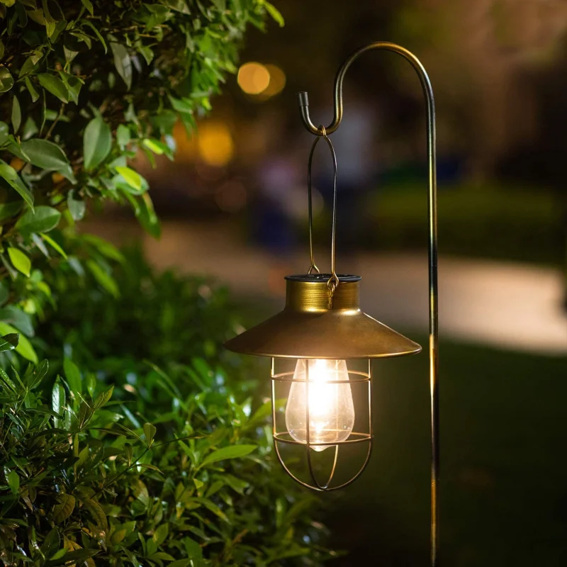 Upgrade Hanging Solar Lights Lantern with Shepherd Hook Metal Waterproof Solar Lantern For Outdoor Garden Way  - buy with discount