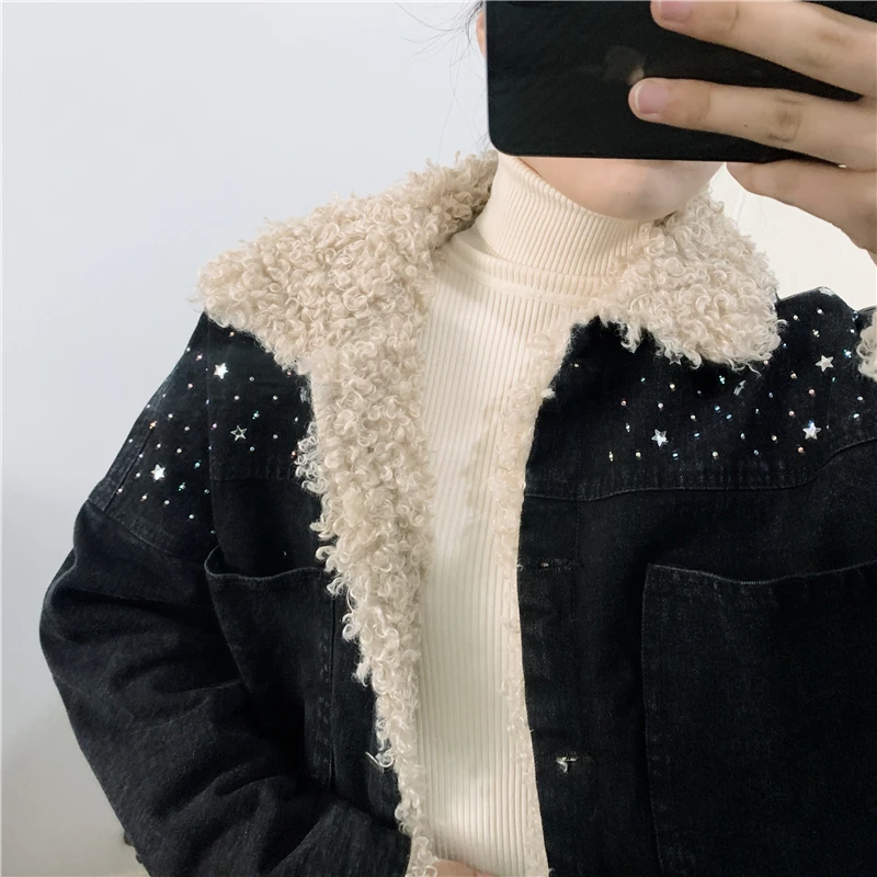 Женская джинсовая куртка из овечьей шерсти универсальная утепленная на флисе