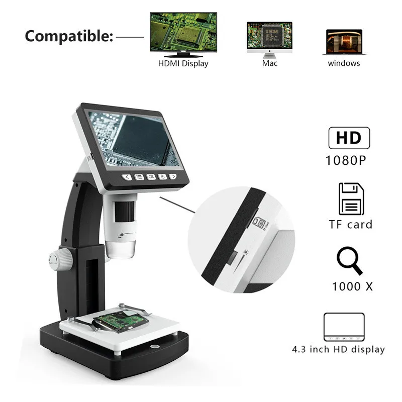 

Цифровой микроскоп с ЖК-экраном HD, USB-интерфейс, электронный микроскоп 1080P (поддержка HDMI)