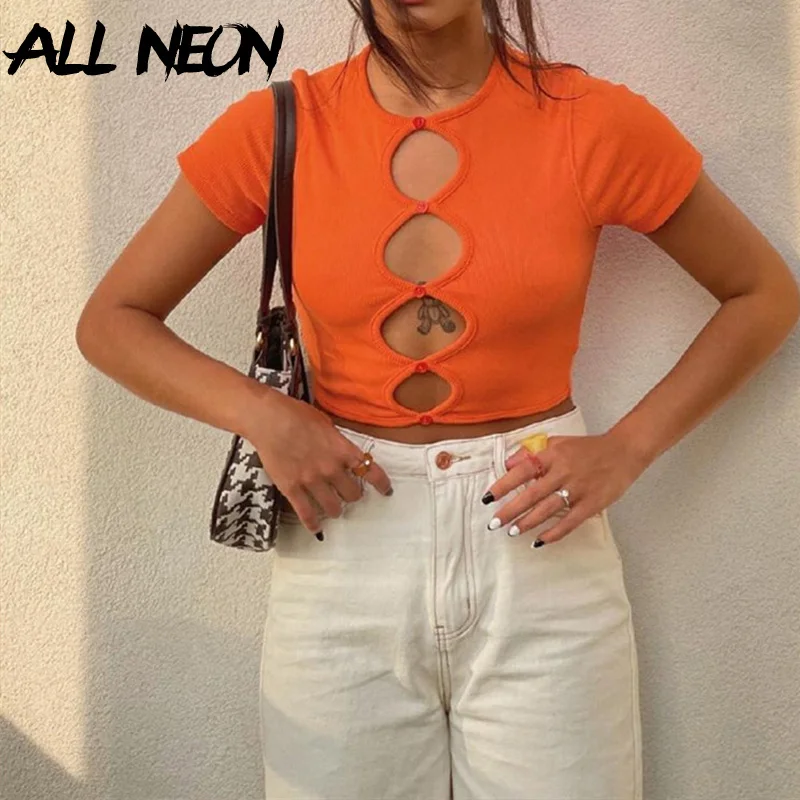 

ALLNeon Indie Streetwear Hollow Out Short Sleeve T-shirts Y2K Vintage Ribbed O-neck Orange Crop Tops 90s Fashion Basic Tees Slim