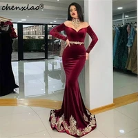 chenxiao evening dresses burgundy mermaid high collar velour full sleeve muslim gold appliques kaftan exquisite algeria arabia