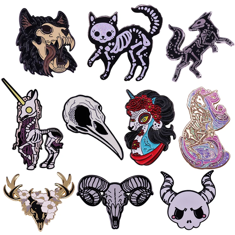 Эмалированная заколка в виде головы животных черепа лиса волк ворона кот