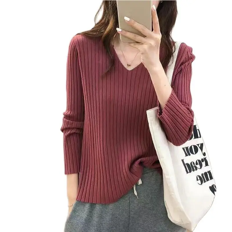 

V-Neck Sweater For Women Spring Long Sleeve Knit Sweater For Women Fall Loose Stretch Thin Versatile Pullover Bottom Sweater Top