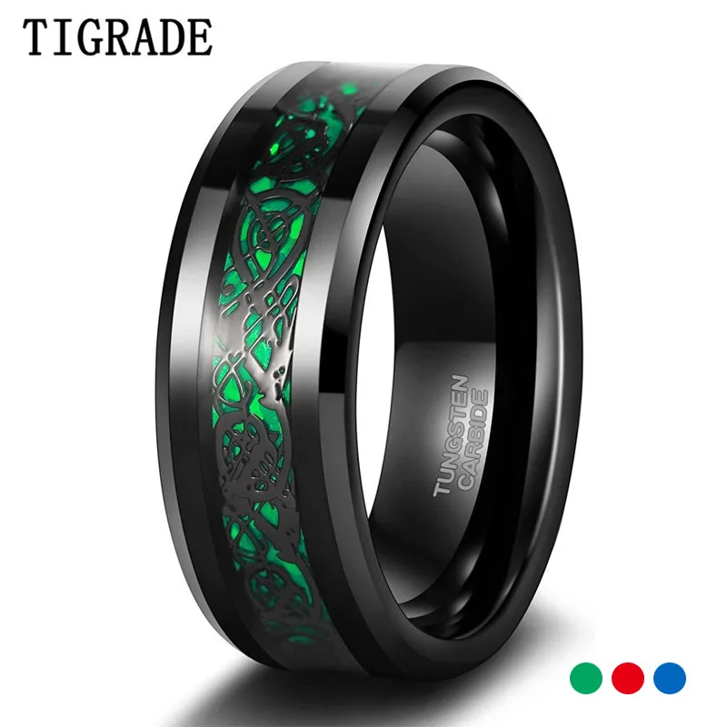 Tigrade 8mm wolframu czarny pierścień dla mężczyzn celtycki smok wkładka czerwony/zielony męskie obrączki ślubne mężczyzna Comfort Fit rozmiar 7-13