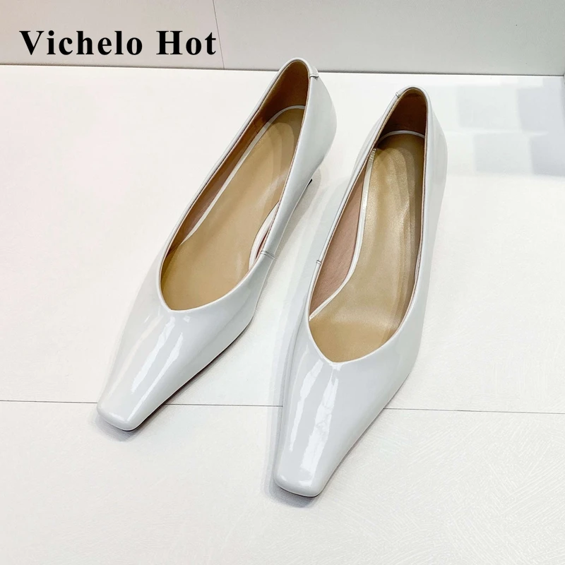 

Vichelo Hot large size concise style classic white black square toe med heel European beauty lady casual spring women pumps L18