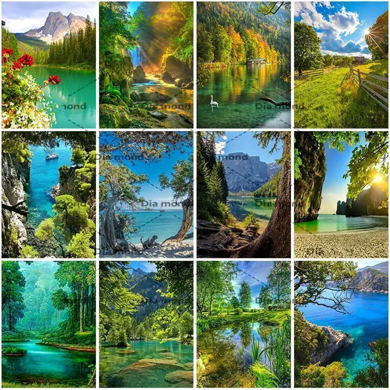 

5D алмазная живопись, озеро, пейзаж, квадратная вышивка, мозаика, природный пейзаж, дерево, картина стразы, хобби, подарок