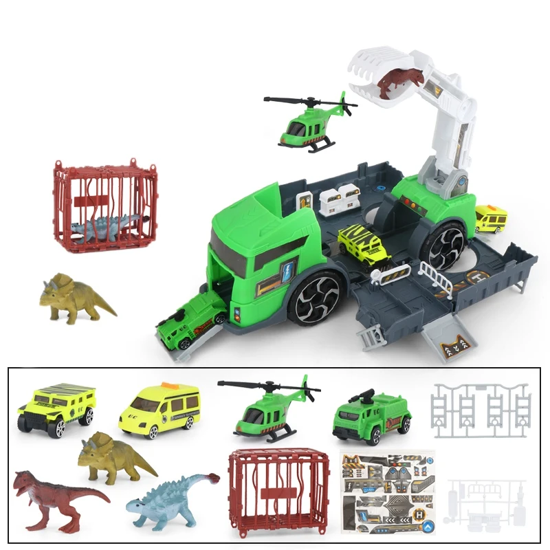 

Dinosaur Transport Car Carrier Truck Toy with 3 Dinosaurs 3 Matchbox Cars and 1 Helicopter for 3 4 5 Year Old Boys