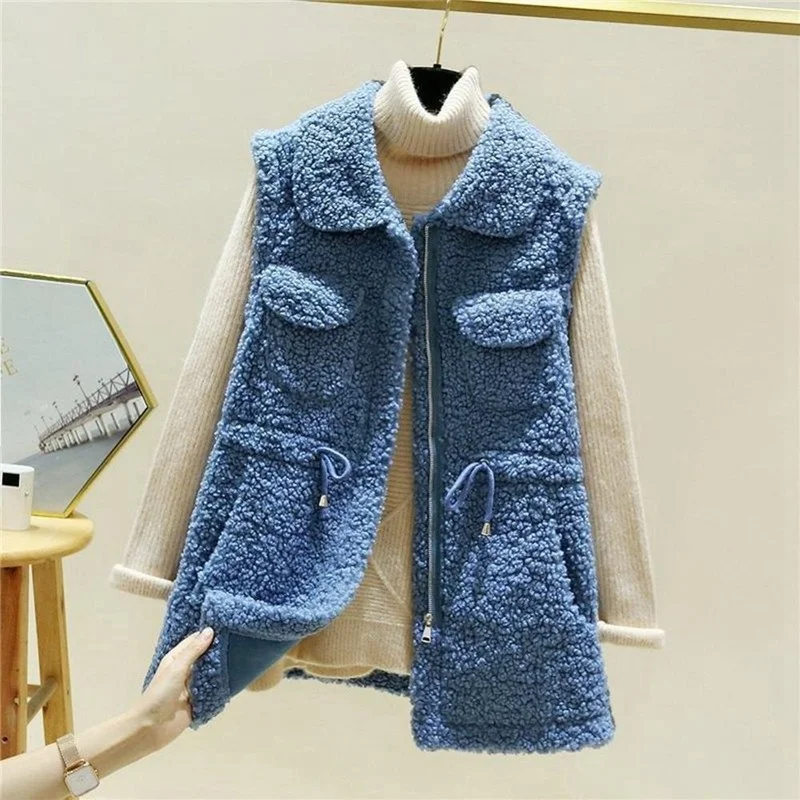 

Women's Imitation Lambswool Turn Down Collar Long Vest Spring Autumn Solid Pocket Sleeveless Jacket Coat Plus Size Gilet Femme