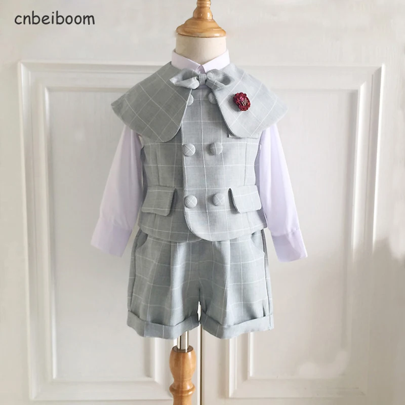 

Fashion Baby Boy Suit Clothes Kids Outfits Set Infant Party Birthday Dresses Newborn Costume Shirt +Plaid Vest +Short+shawl +Bow
