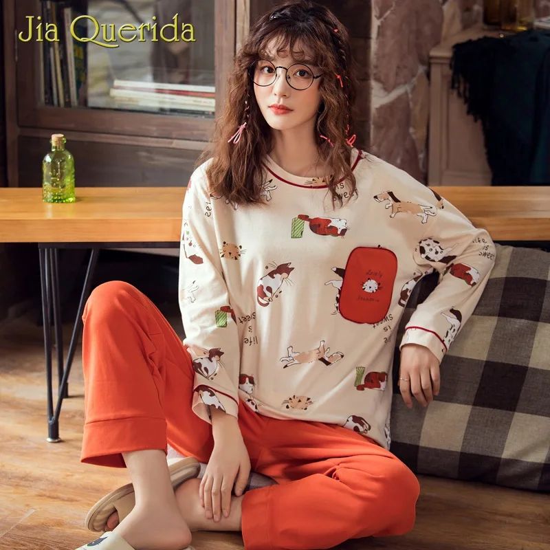 Женская пижама с длинным рукавом хлопковая одежда для сна круглым вырезом