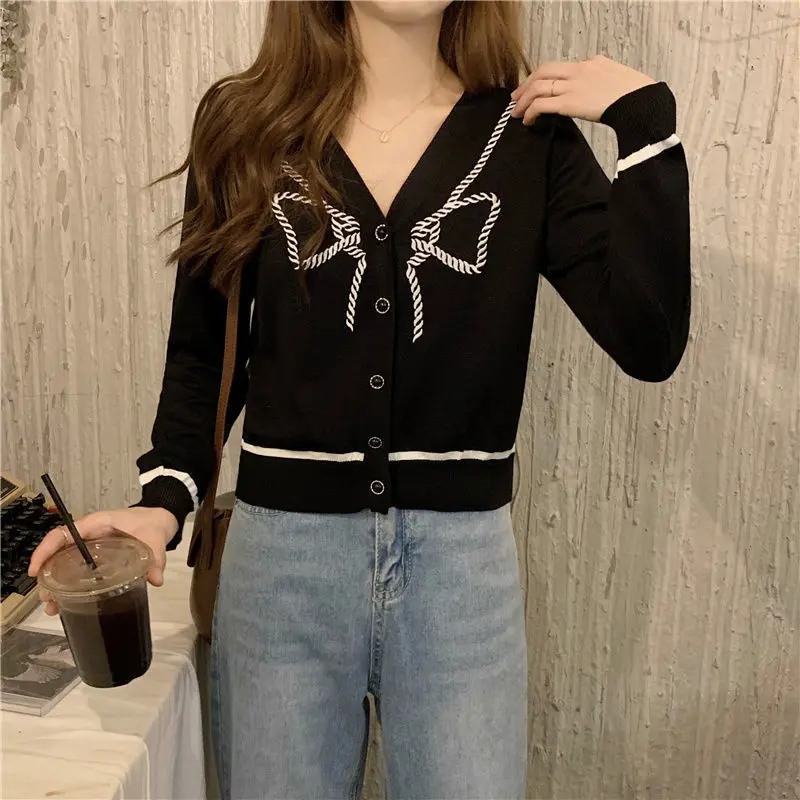 

Spring Autumn Cardigan Women Bow Full Sleeve Single-breasted New Fashionable Korean Office Ladies Casual Knitwear Sweater M35