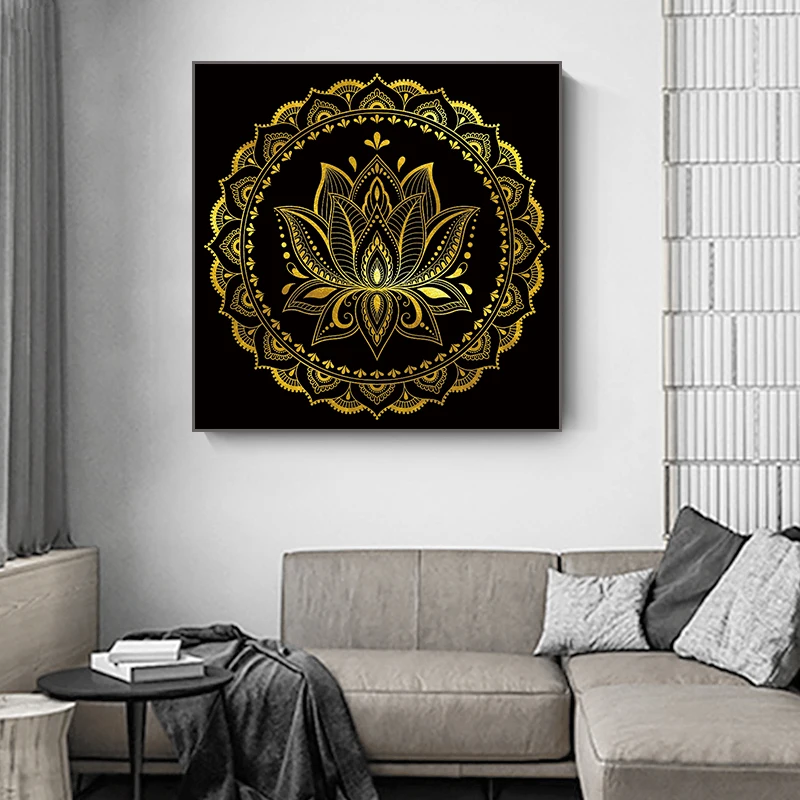 

Gold Black Mandala Lotus Lucky Hand Canvas Paintind Meditation Decompression ReligionPrint Poster Living Room Home Decor Picture