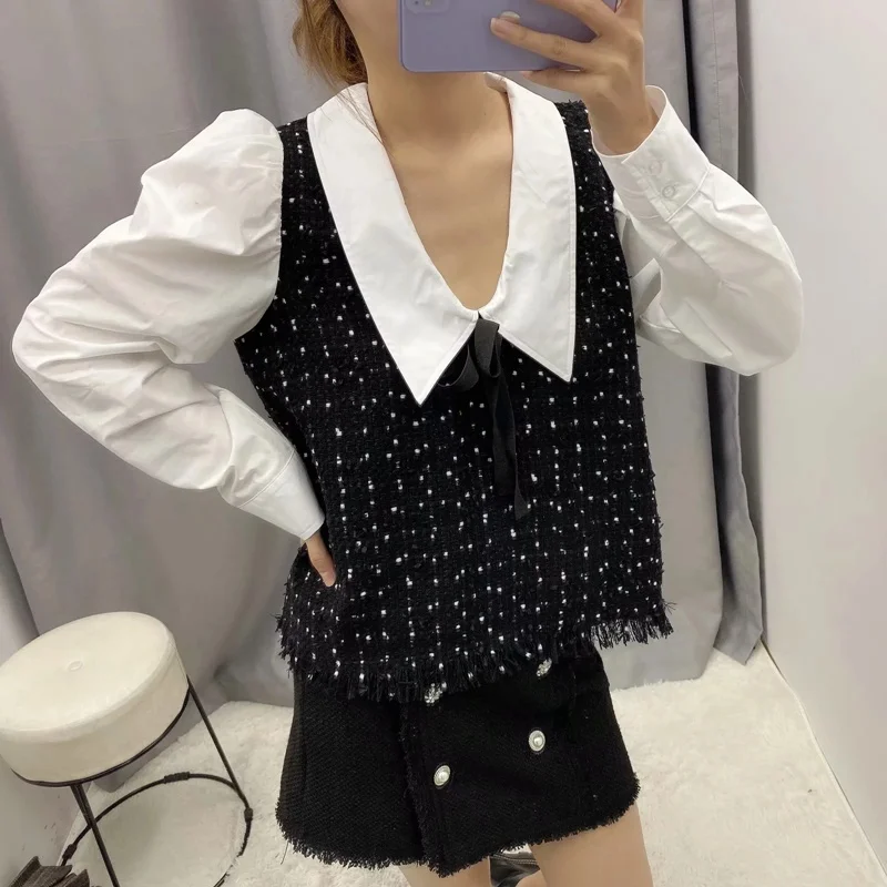 

Блузка женская твидовая в стиле пэчворк, винтажная Повседневная рубашка с длинным рукавом, шикарный топ