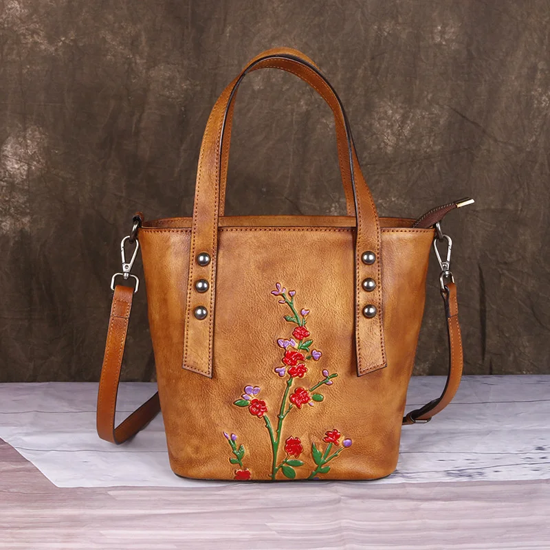 

2021 new leather women's bag fashion Chinese style embossed hand brushed top layer cowhide diagonal cross handbag