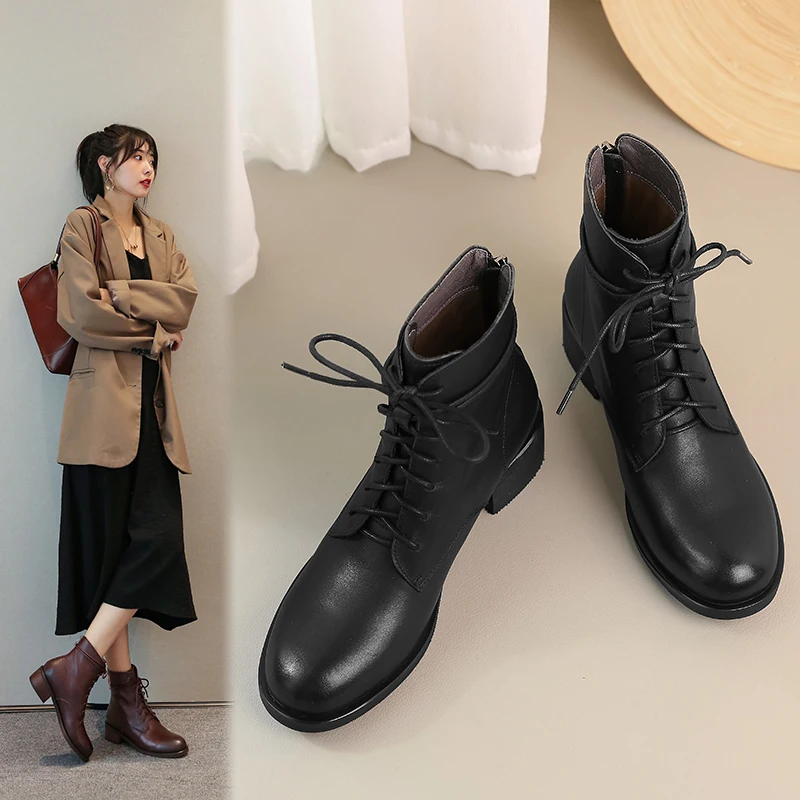 

Genuine Leather Women's Ankle Boots 4.5cm Chunky med Heels ladies boots Party Office Lady Shoes Woman size 41 42 43