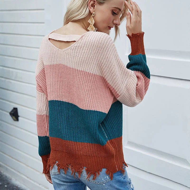 

JIALI Spring Autumn Striped Sweater Women Pullover Tassel V-Neck Long Sleeve Sexy Loose Knitted Ladies Casual Fashion 2021 Top